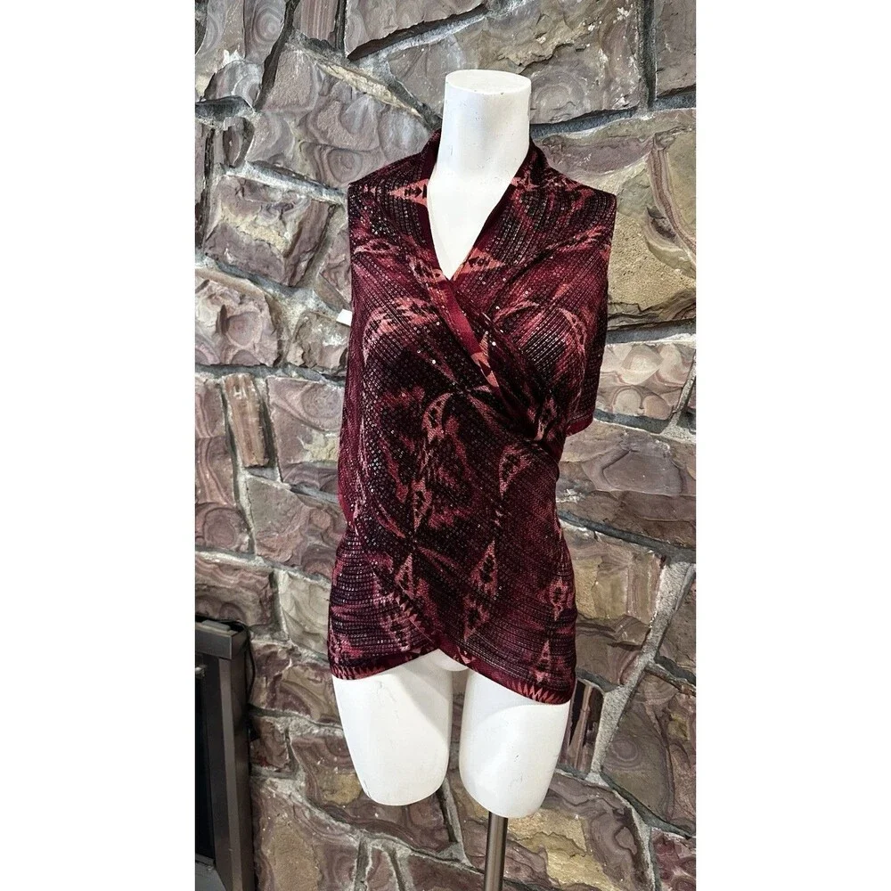 Rare Lauren Ralph Lauren Burgundy Burnout rayo Blend Fringed Shawl Scarf 80